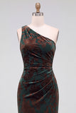 One Shoulder Espresso Ruched Floral Velvet Long Holiday Party Dress with Slit