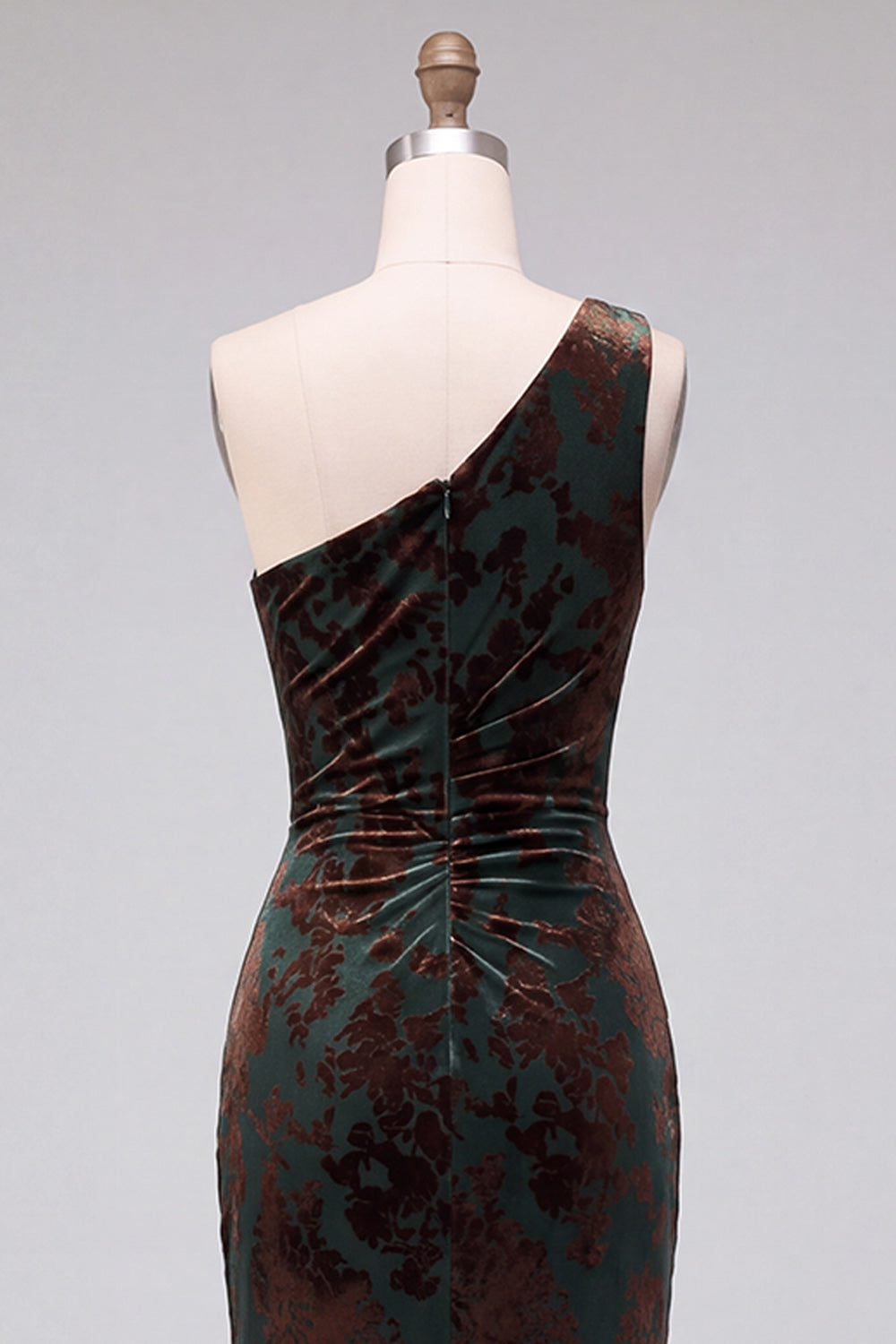 One Shoulder Espresso Ruched Floral Velvet Long Holiday Party Dress with Slit