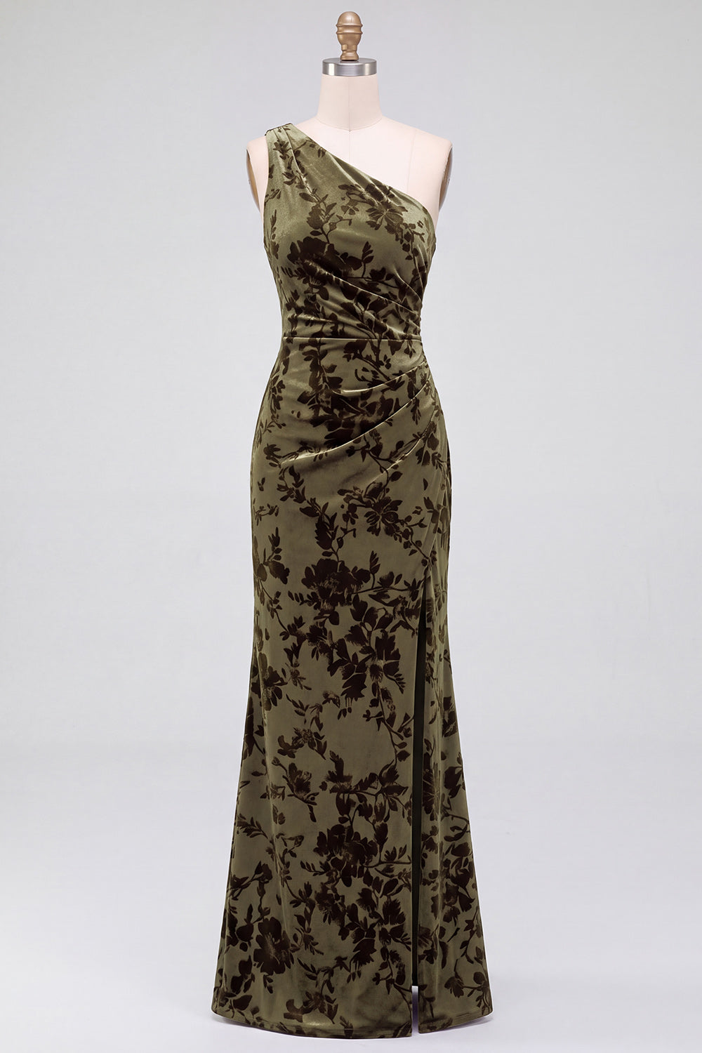 One Shoulder Espresso Ruched Floral Velvet Long Holiday Party Dress with Slit