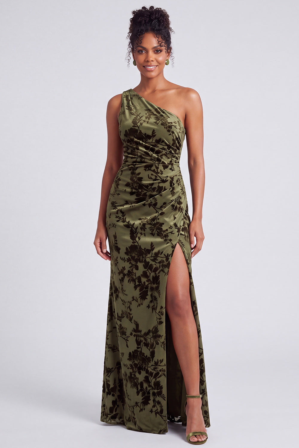 One Shoulder Espresso Ruched Floral Velvet Long Holiday Party Dress with Slit