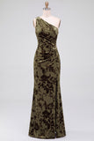 One Shoulder Espresso Ruched Floral Velvet Long Holiday Party Dress with Slit