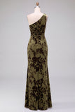 One Shoulder Espresso Ruched Floral Velvet Long Holiday Party Dress with Slit