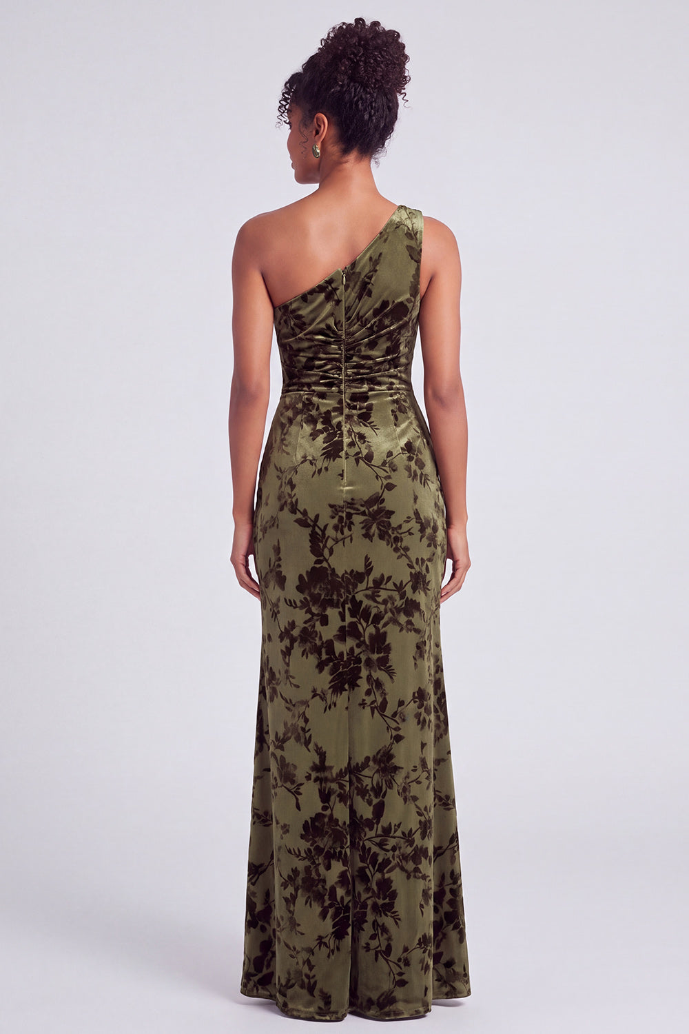 One Shoulder Espresso Ruched Floral Velvet Long Holiday Party Dress with Slit