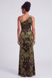 One Shoulder Espresso Ruched Floral Velvet Long Holiday Party Dress with Slit