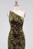 One Shoulder Espresso Ruched Floral Velvet Long Holiday Party Dress with Slit