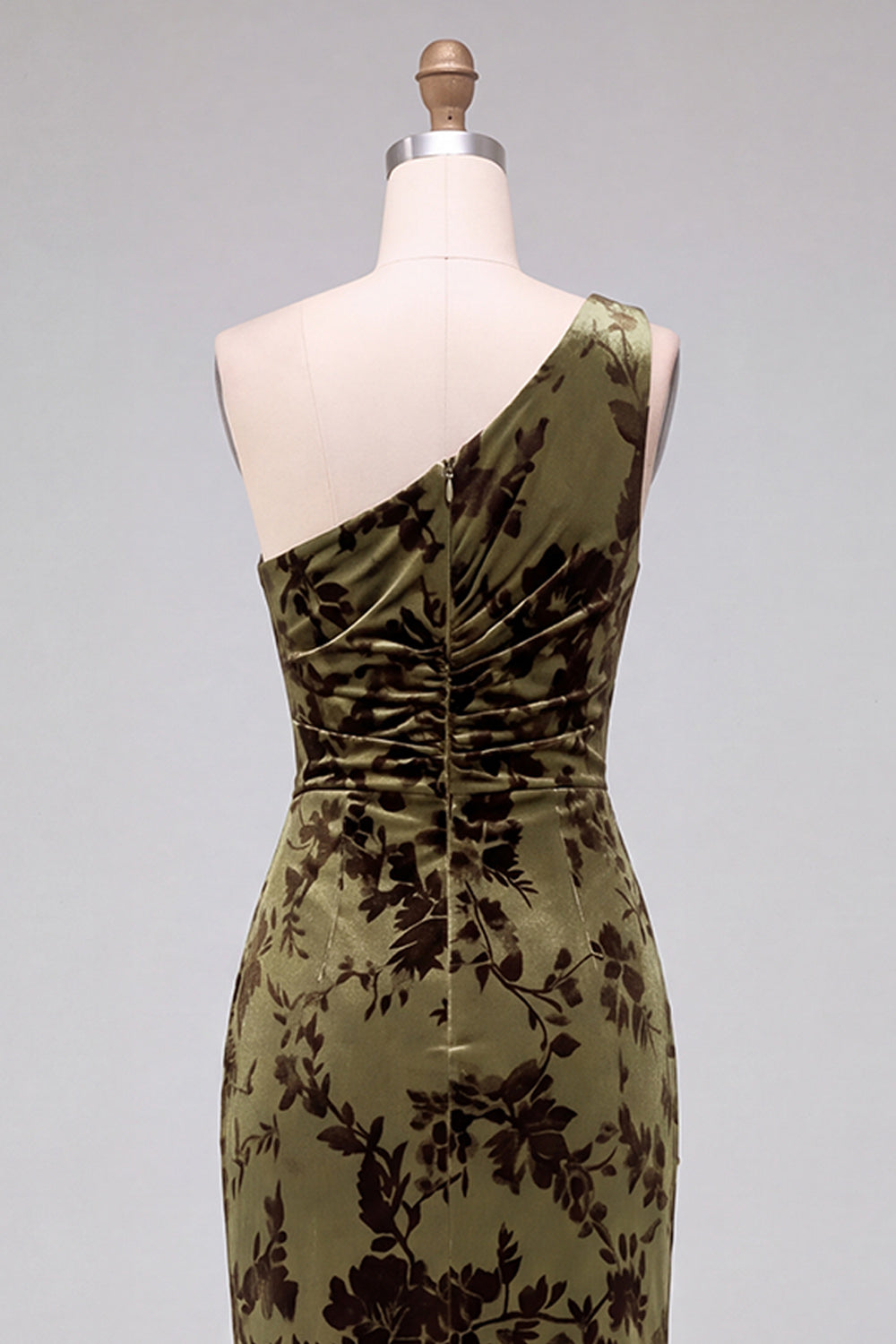 One Shoulder Espresso Ruched Floral Velvet Long Holiday Party Dress with Slit
