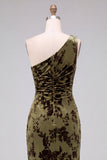 One Shoulder Espresso Ruched Floral Velvet Long Holiday Party Dress with Slit