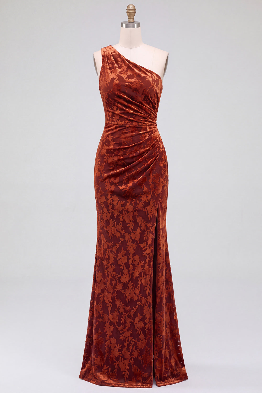 One Shoulder Espresso Ruched Floral Velvet Long Holiday Party Dress with Slit