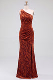 One Shoulder Espresso Ruched Floral Velvet Long Holiday Party Dress with Slit