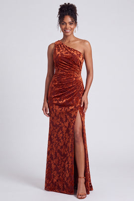 One Shoulder Espresso Ruched Floral Velvet Long Holiday Party Dress with Slit