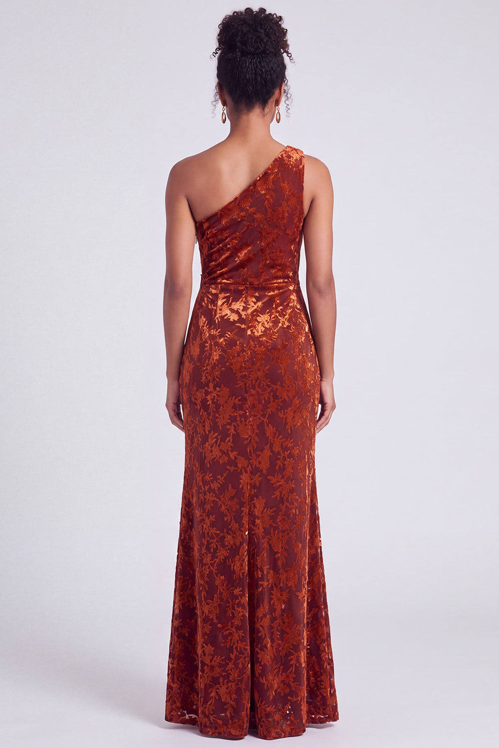 One Shoulder Espresso Ruched Floral Velvet Long Holiday Party Dress with Slit