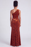 One Shoulder Espresso Ruched Floral Velvet Long Holiday Party Dress with Slit