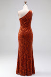 One Shoulder Espresso Ruched Floral Velvet Long Holiday Party Dress with Slit