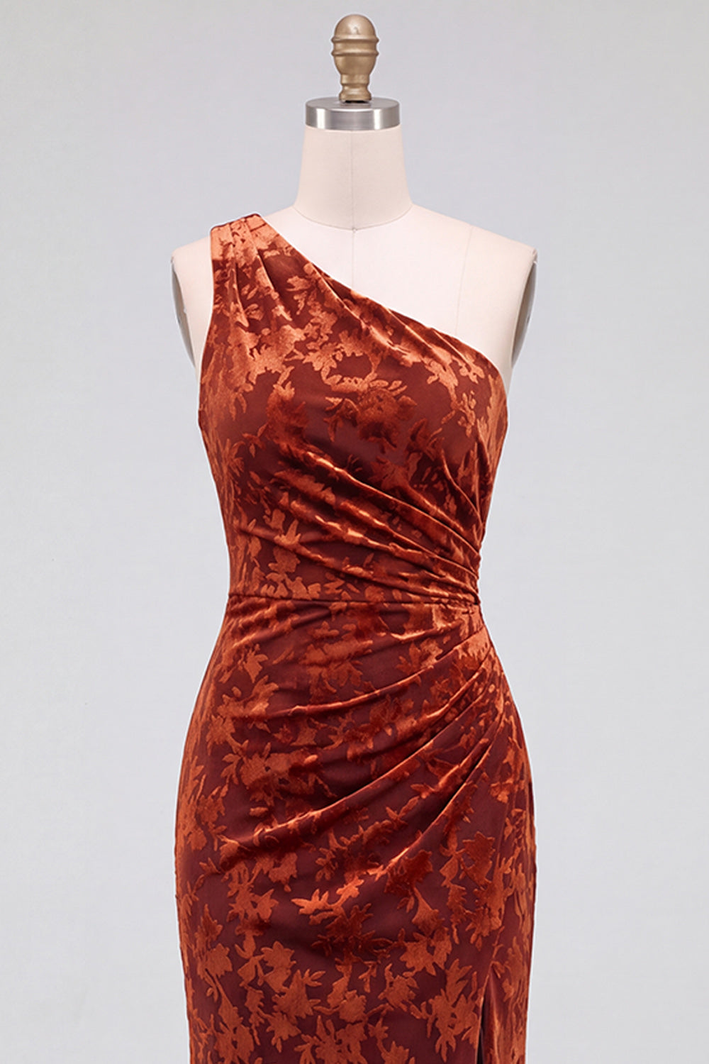 One Shoulder Espresso Ruched Floral Velvet Long Holiday Party Dress with Slit
