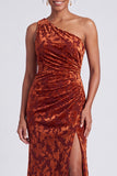 One Shoulder Espresso Ruched Floral Velvet Long Holiday Party Dress with Slit