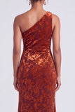 One Shoulder Espresso Ruched Floral Velvet Long Holiday Party Dress with Slit