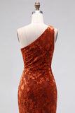 One Shoulder Espresso Ruched Floral Velvet Long Holiday Party Dress with Slit