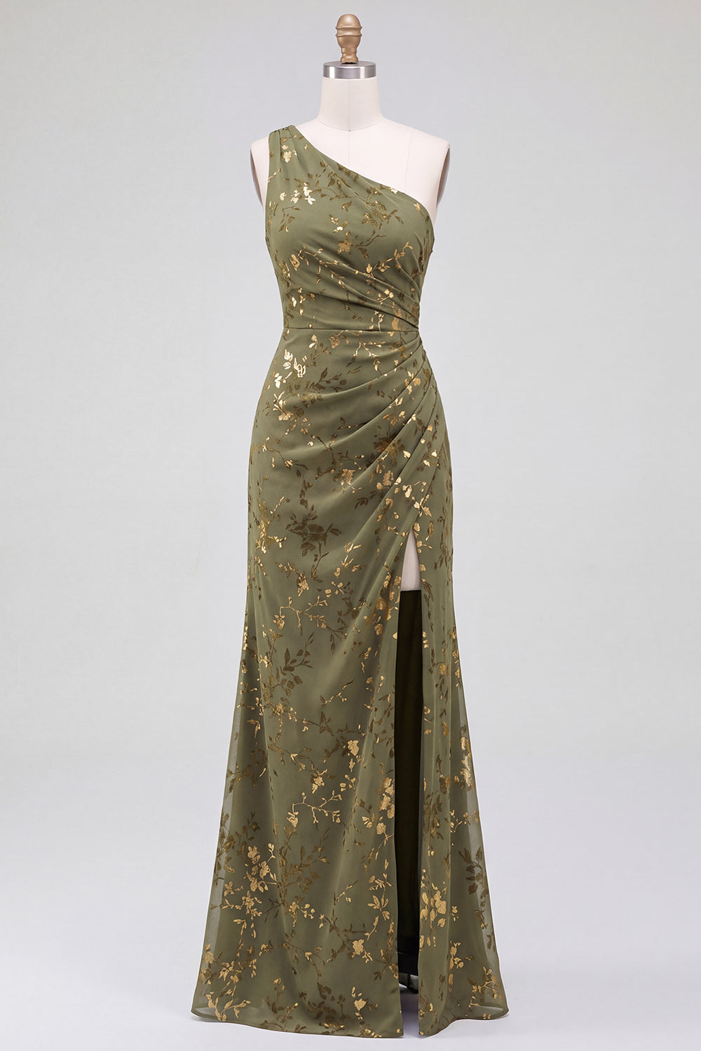 One Shoulder Espresso Ruched Floral Velvet Long Holiday Party Dress with Slit