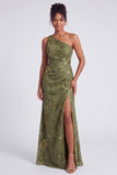 One Shoulder Espresso Ruched Floral Velvet Long Holiday Party Dress with Slit