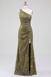One Shoulder Espresso Ruched Floral Velvet Long Holiday Party Dress with Slit