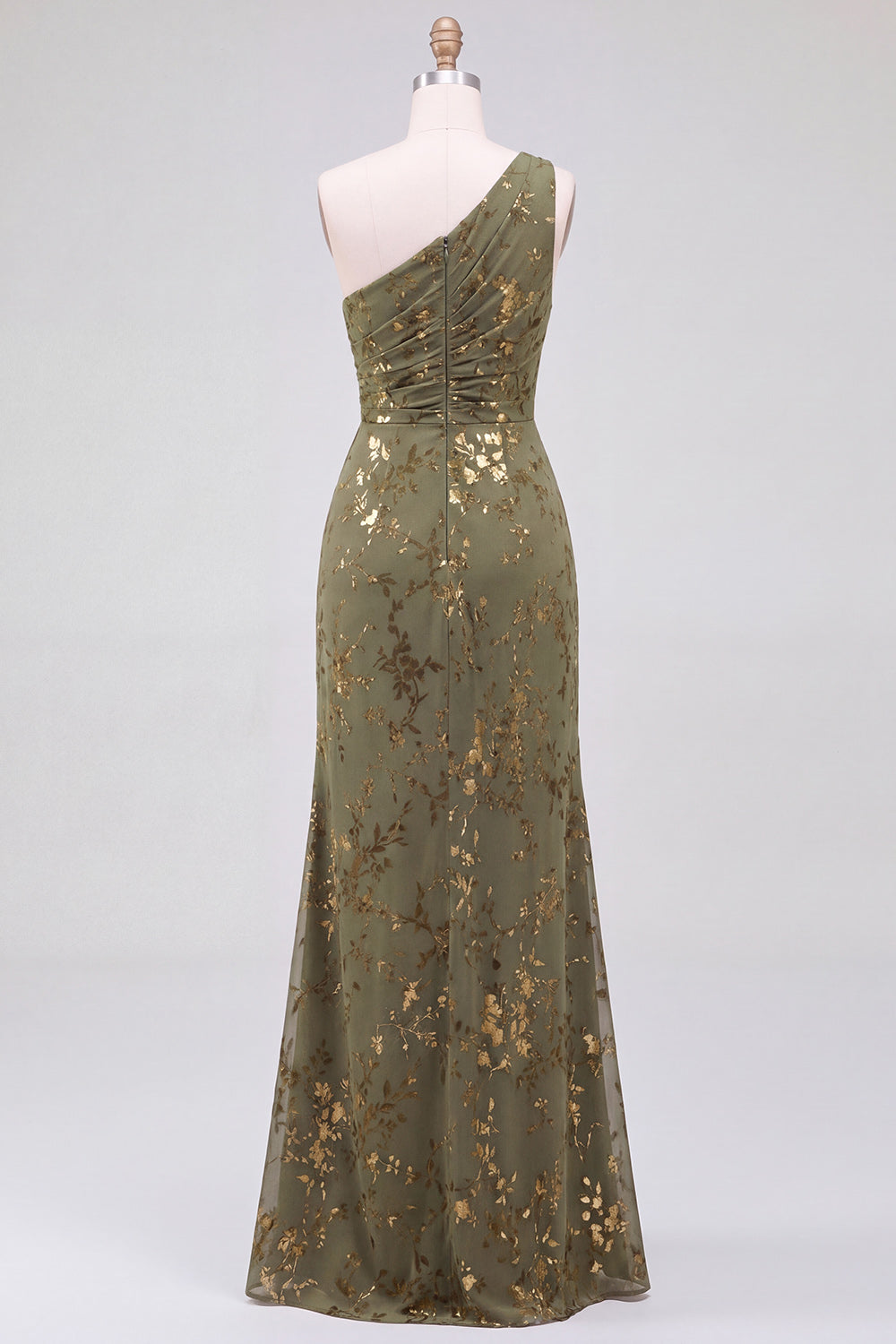 One Shoulder Espresso Ruched Floral Velvet Long Holiday Party Dress with Slit
