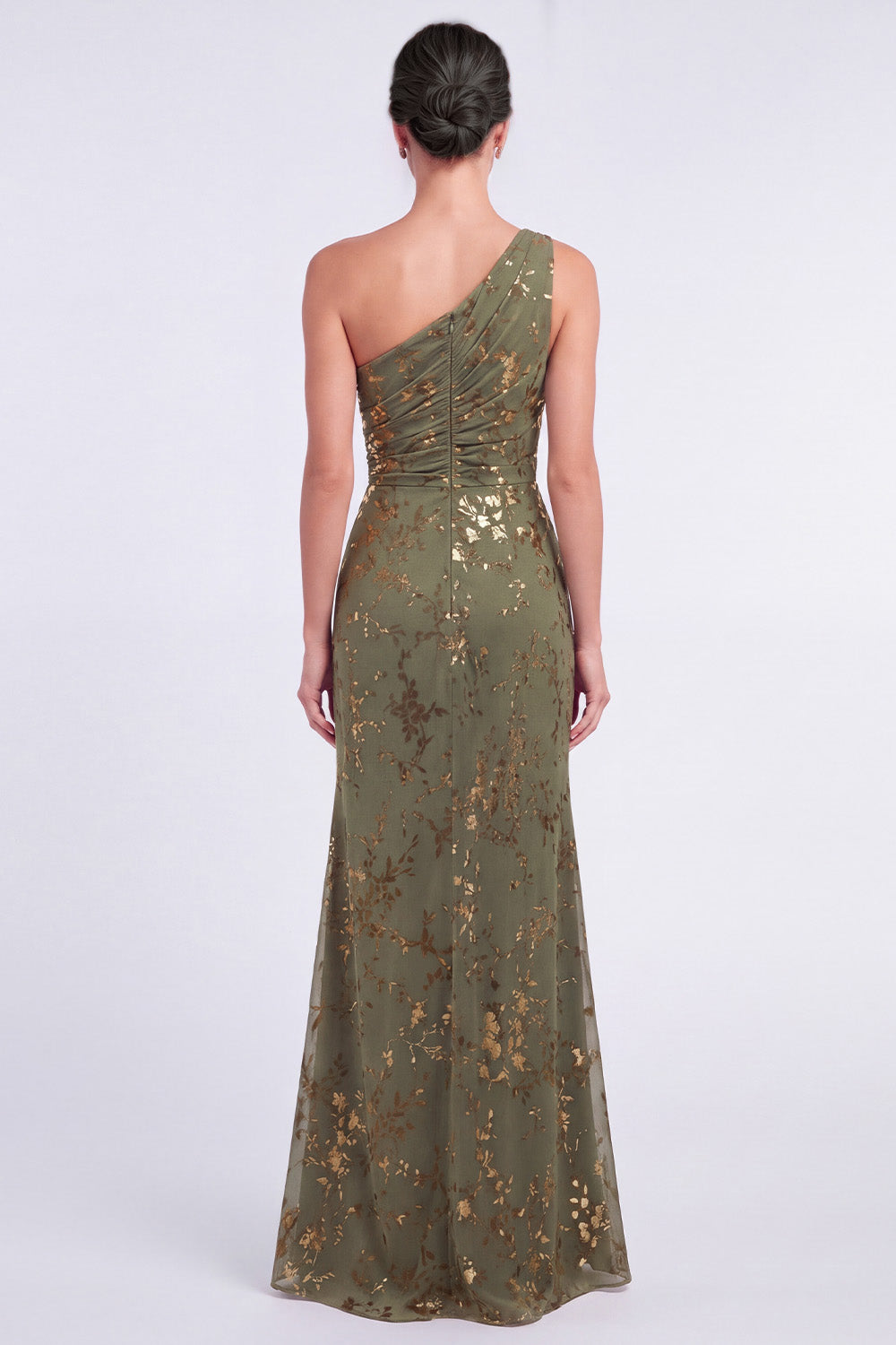One Shoulder Espresso Ruched Floral Velvet Long Holiday Party Dress with Slit