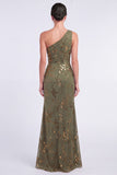 One Shoulder Espresso Ruched Floral Velvet Long Holiday Party Dress with Slit