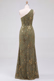 One Shoulder Espresso Ruched Floral Velvet Long Holiday Party Dress with Slit