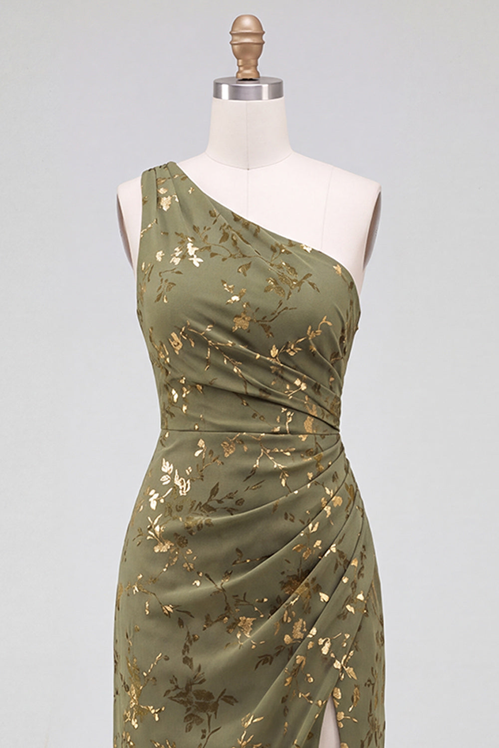 One Shoulder Espresso Ruched Floral Velvet Long Holiday Party Dress with Slit
