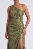 One Shoulder Espresso Ruched Floral Velvet Long Holiday Party Dress with Slit