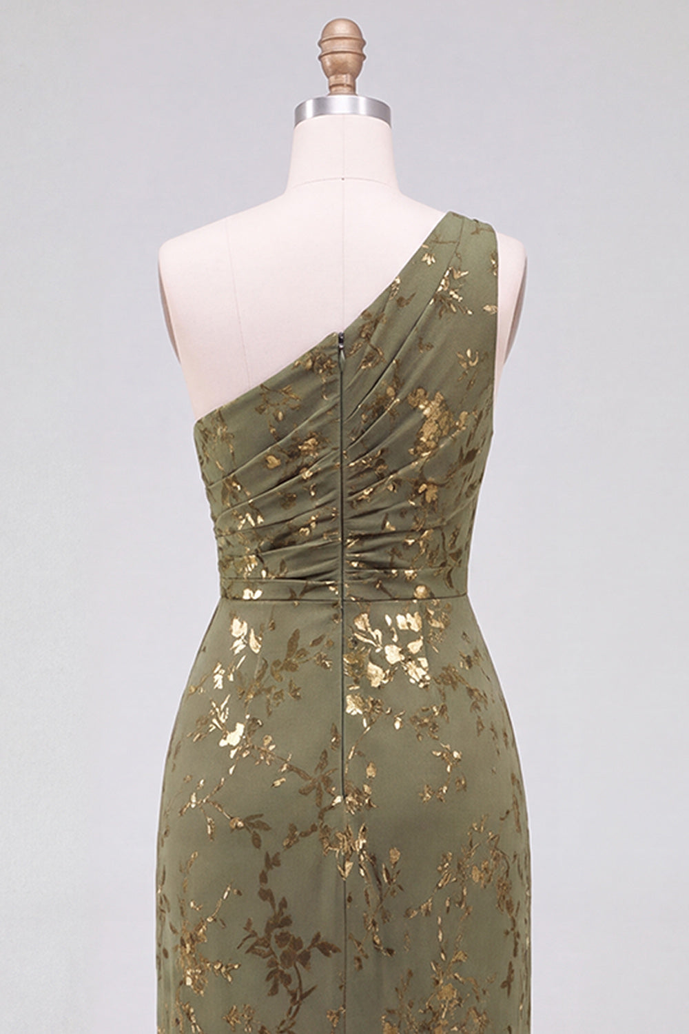 One Shoulder Espresso Ruched Floral Velvet Long Holiday Party Dress with Slit