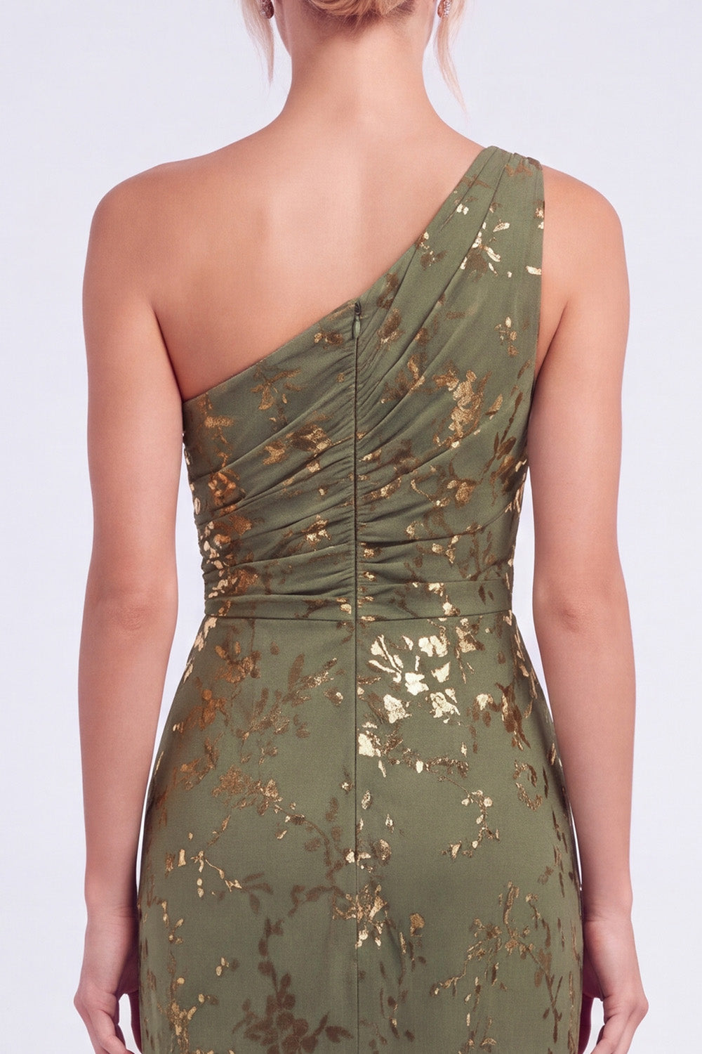 One Shoulder Espresso Ruched Floral Velvet Long Holiday Party Dress with Slit