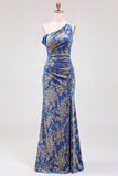 Mermaid Espresso Floral Velvet Ruched Long Holiday Party Dress with Slit