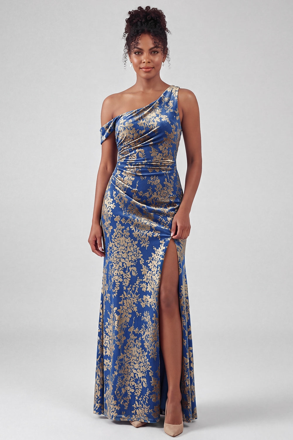 Mermaid Espresso Floral Velvet Ruched Long Holiday Party Dress with Slit