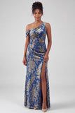 Mermaid Espresso Floral Velvet Ruched Long Holiday Party Dress with Slit