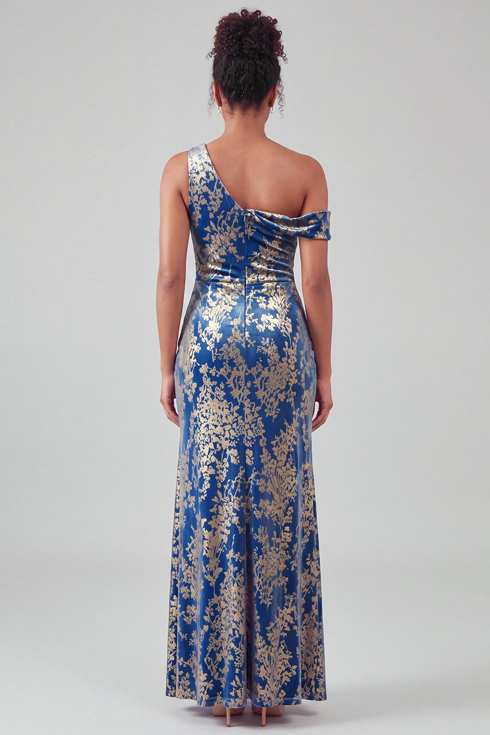 Mermaid Espresso Floral Velvet Ruched Long Holiday Party Dress with Slit