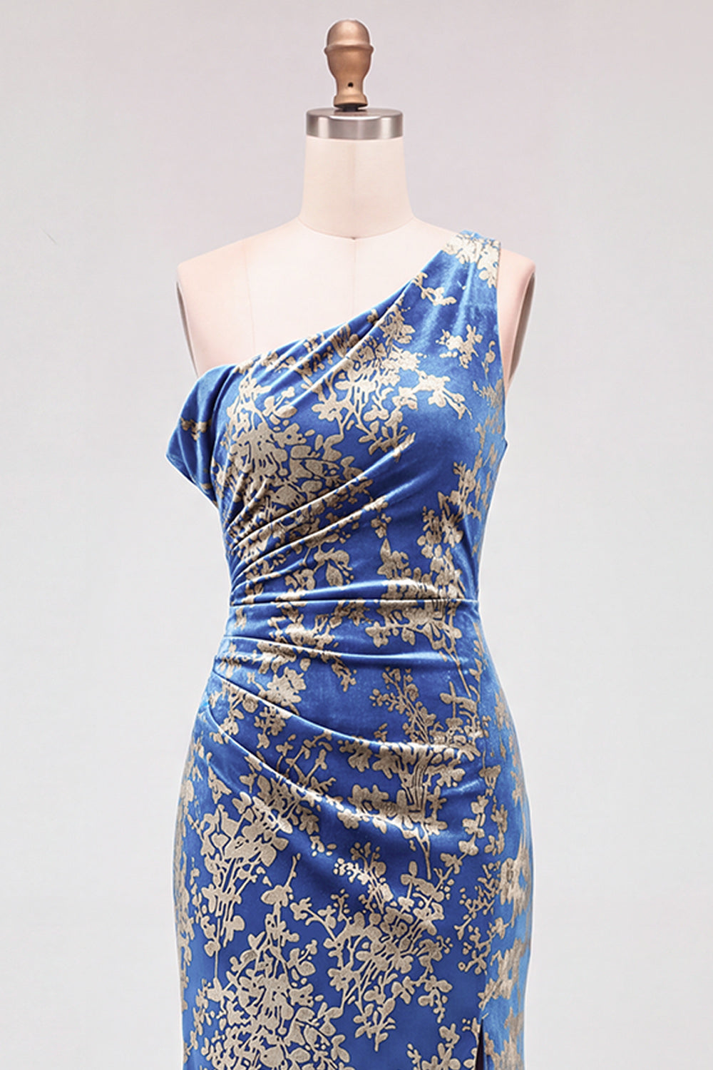 Mermaid Espresso Floral Velvet Ruched Long Holiday Party Dress with Slit
