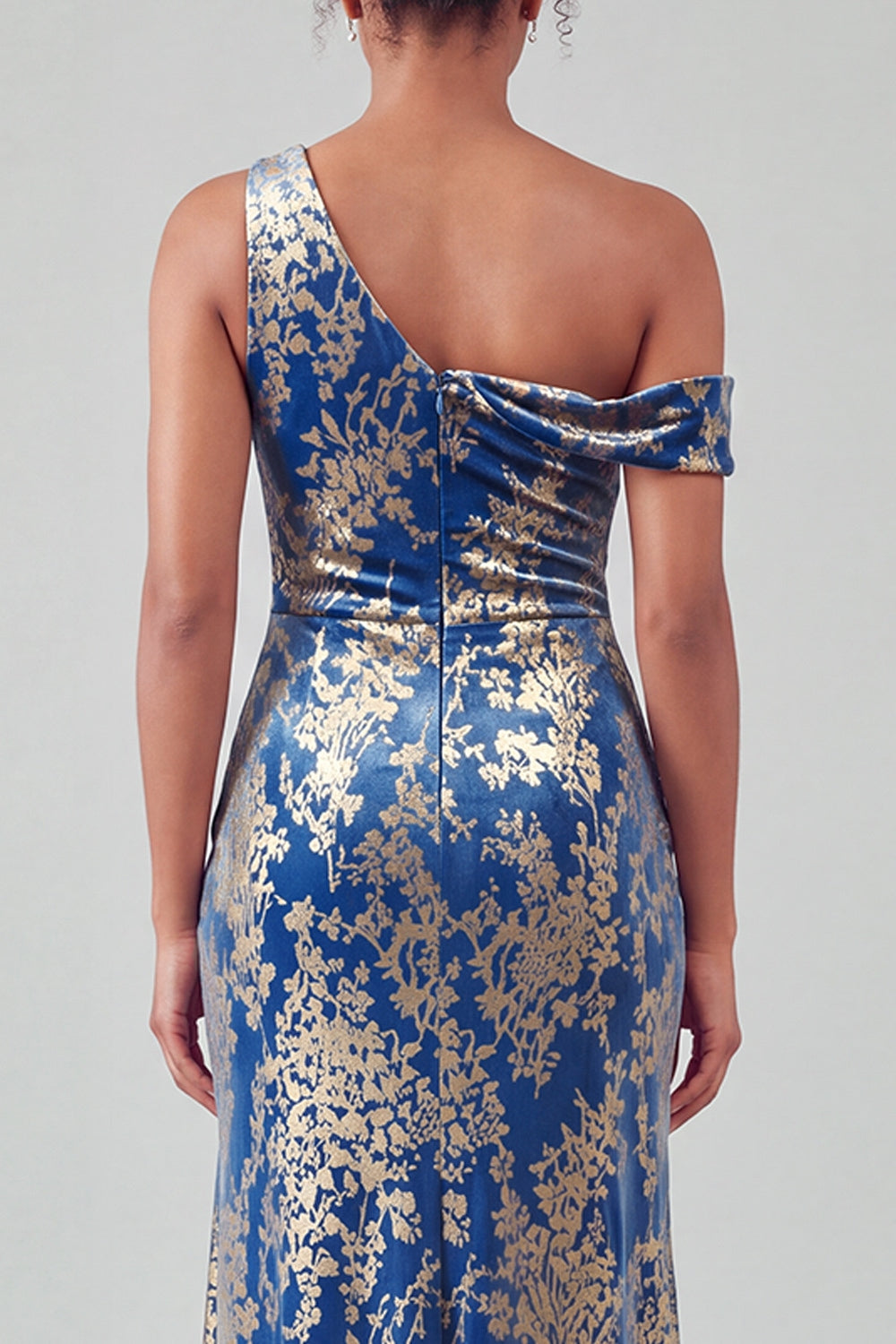 Mermaid Espresso Floral Velvet Ruched Long Holiday Party Dress with Slit