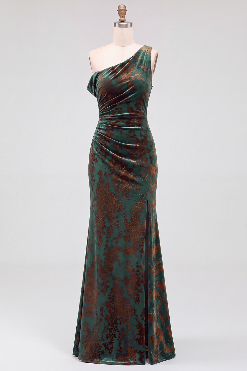 Mermaid Espresso Floral Velvet Ruched Long Holiday Party Dress with Slit
