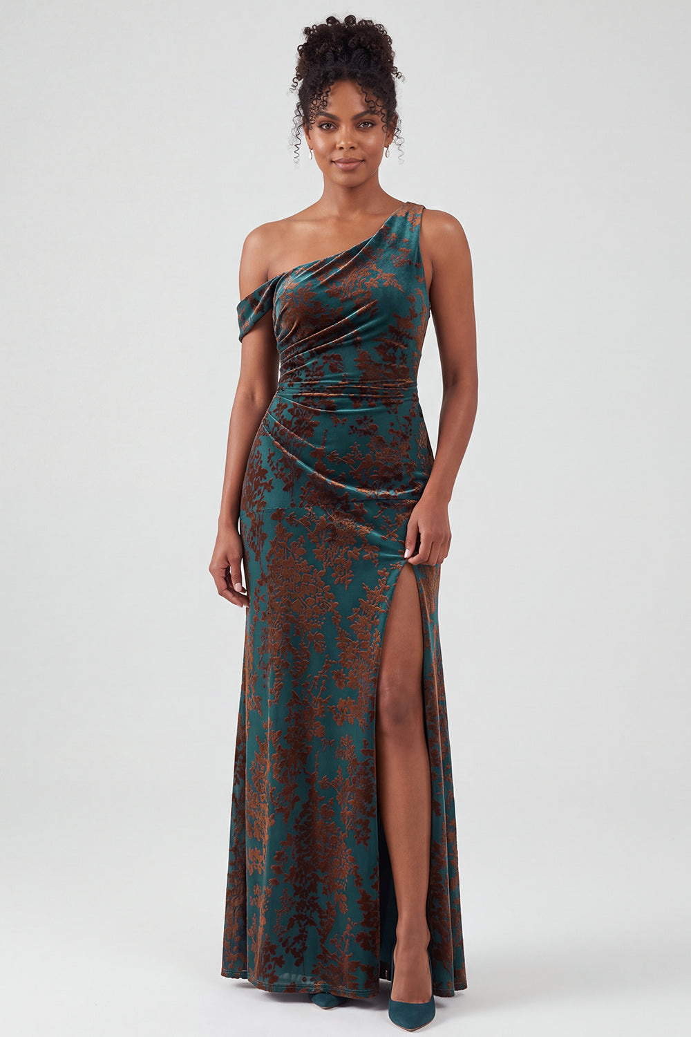 Mermaid Espresso Floral Velvet Ruched Long Holiday Party Dress with Slit