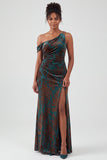 Mermaid Espresso Floral Velvet Ruched Long Holiday Party Dress with Slit