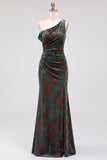 Mermaid Espresso Floral Velvet Ruched Long Holiday Party Dress with Slit