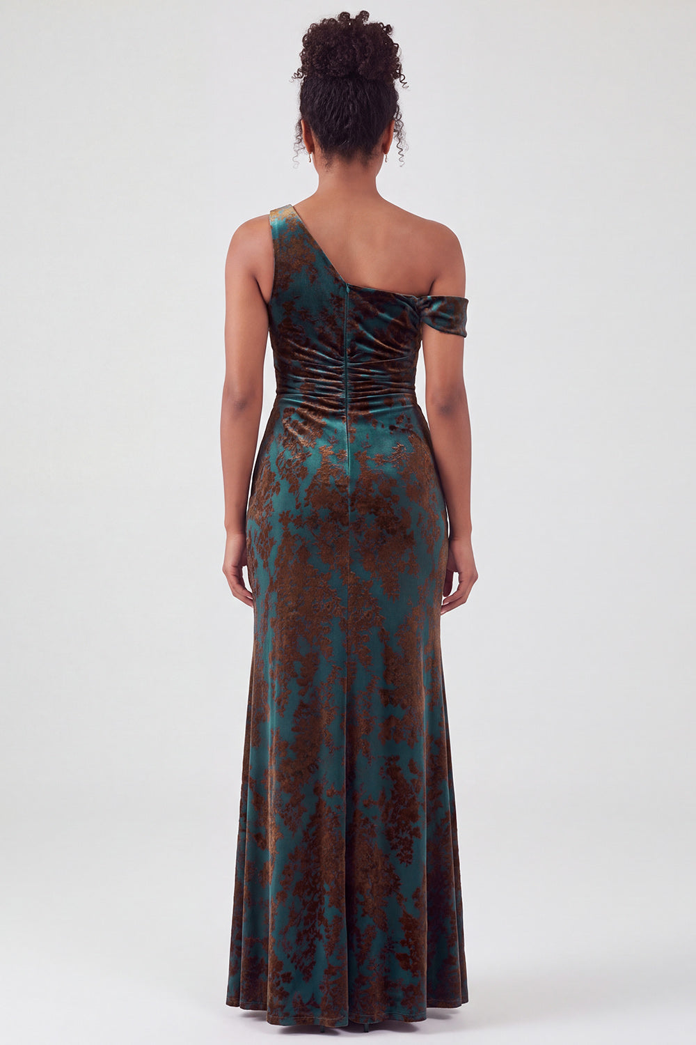 Mermaid Espresso Floral Velvet Ruched Long Holiday Party Dress with Slit