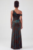 Mermaid Espresso Floral Velvet Ruched Long Holiday Party Dress with Slit