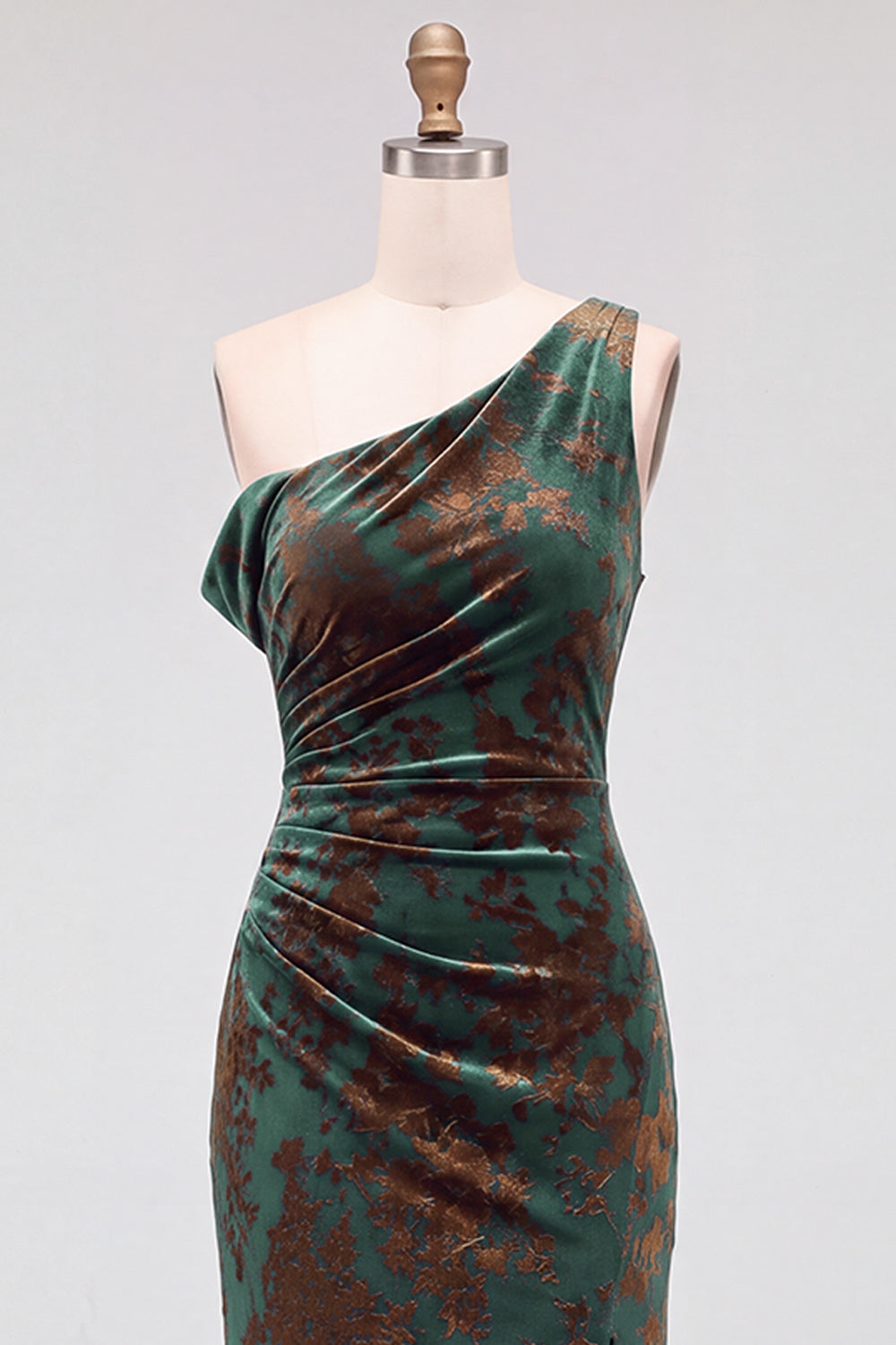 Mermaid Espresso Floral Velvet Ruched Long Holiday Party Dress with Slit