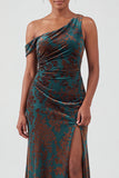 Mermaid Espresso Floral Velvet Ruched Long Holiday Party Dress with Slit
