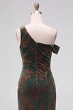 Mermaid Espresso Floral Velvet Ruched Long Holiday Party Dress with Slit