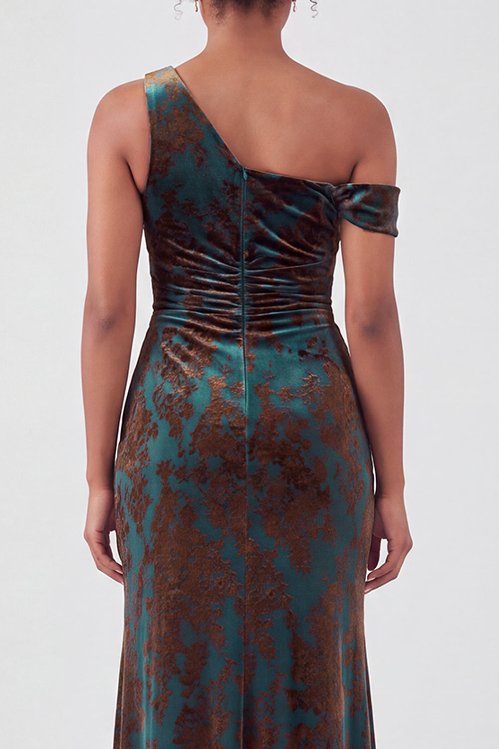 Mermaid Espresso Floral Velvet Ruched Long Holiday Party Dress with Slit