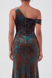 Mermaid Espresso Floral Velvet Ruched Long Holiday Party Dress with Slit