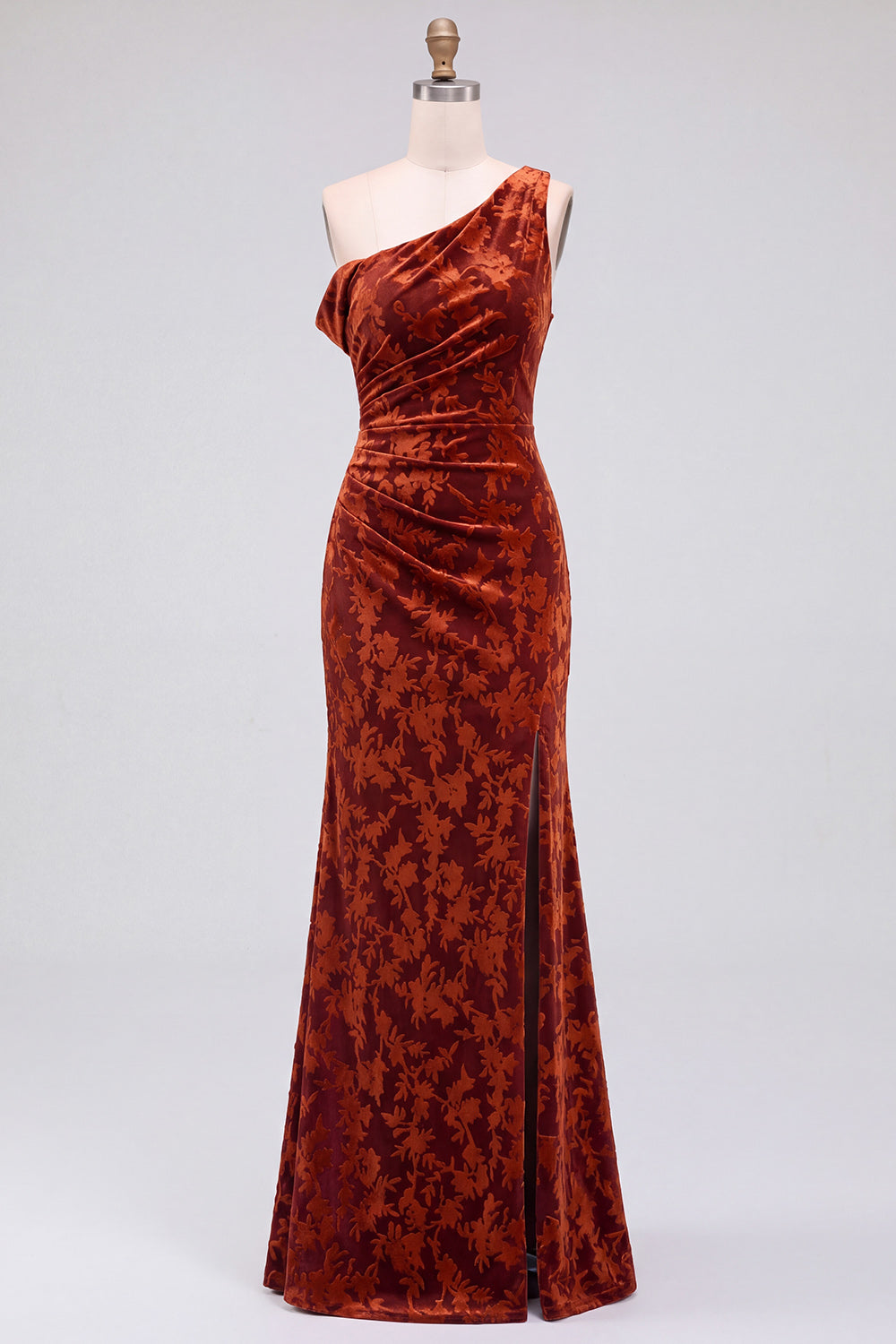 Mermaid Espresso Floral Velvet Ruched Long Holiday Party Dress with Slit